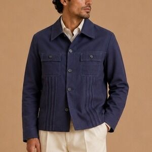 Vintage 70s Navy Blue Leisure Suit Jacket Contrast Stitching Mens 38 Medium